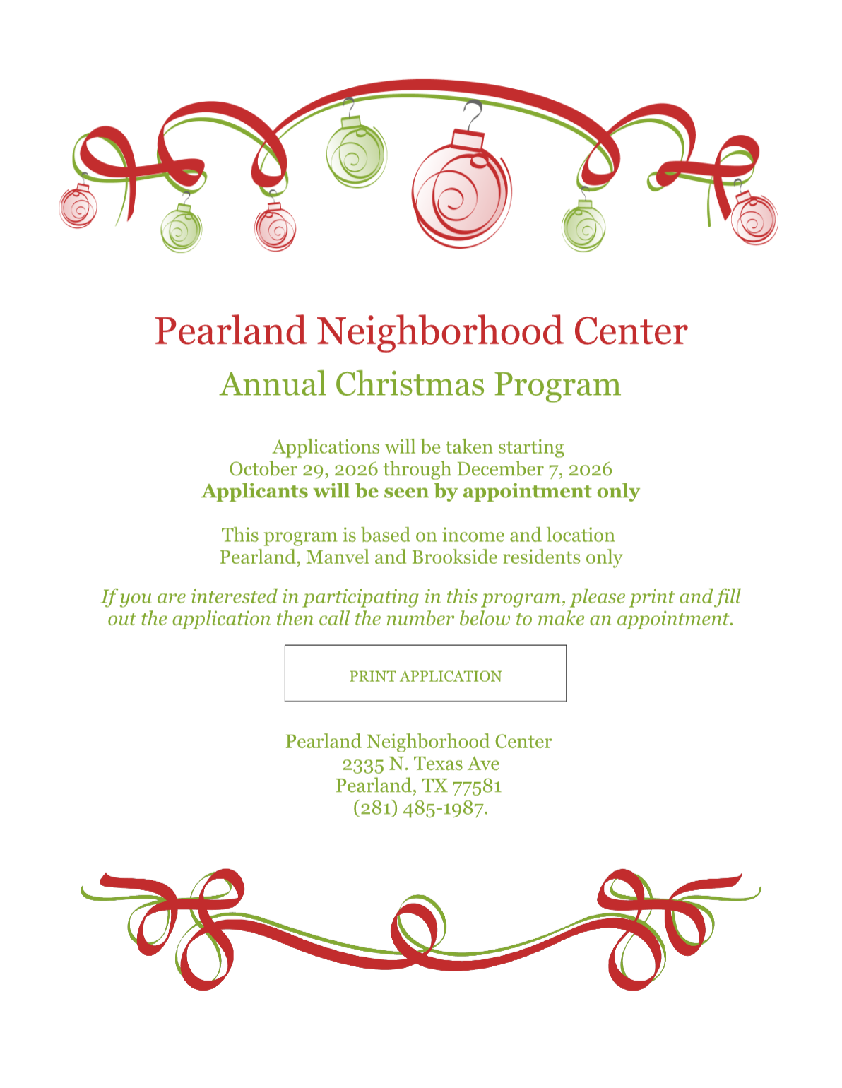 Pearland Neighborhood Center Annual Christmas Program 2026 - applications October 29 through December 7, 2026